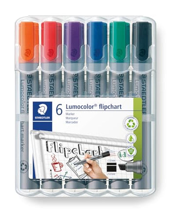 STAEDTLER Flipchart Marker Lumocolor, Keilspitze ca. 2,0 - 5,0 mm Linienbreite, lange Lebensdauer, nachfüllbar, geruchsarm, hohe Qualität Made in Germany, Set mit 6 Farben, 356 B WP6, 1 Stück im Sale